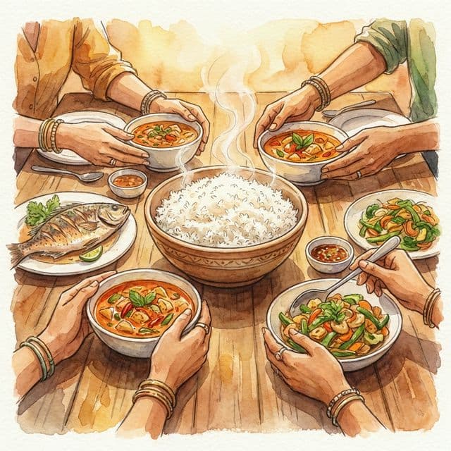 ครอบครัวอบอุ่นล้อมวงกินข้าว จานข้าวสวย