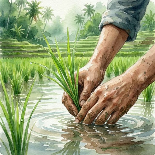 มือปลูกต้นกล้าข้าว น้ำค้างบนใบข้าว เกษตรอินทรีย์