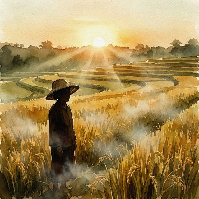 ทุ่งนาสีทอง ยามเช้าตรู่ ยายณายืนท่ามกลางผืนนาอันกว้างใหญ่